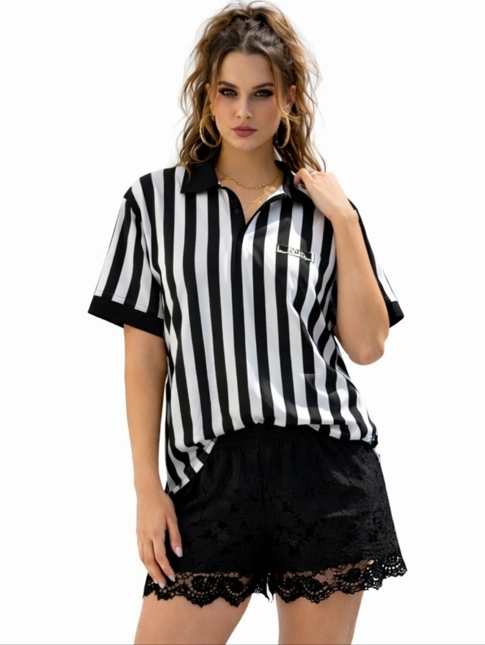 Cliff Keen Referee Black White Striped Polo Shirt Y2K Unisex XL